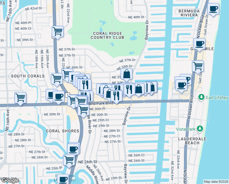map of restaurants, bars, coffee shops, grocery stores, and more near 2724 Northeast 33rd Street in Fort Lauderdale