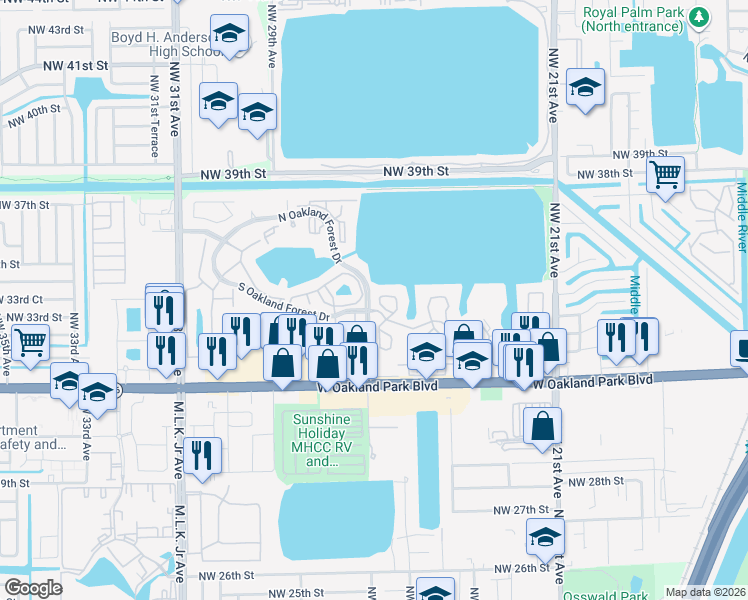 map of restaurants, bars, coffee shops, grocery stores, and more near 2647 Northwest 33rd Street in Oakland Park