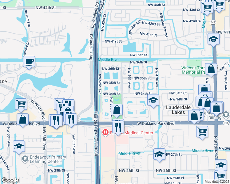 map of restaurants, bars, coffee shops, grocery stores, and more near 5001 Northwest 34th Street in Lauderdale Lakes