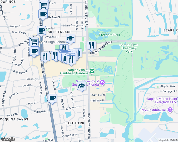 map of restaurants, bars, coffee shops, grocery stores, and more near 1590 Goodlette-Frank Rd in Naples