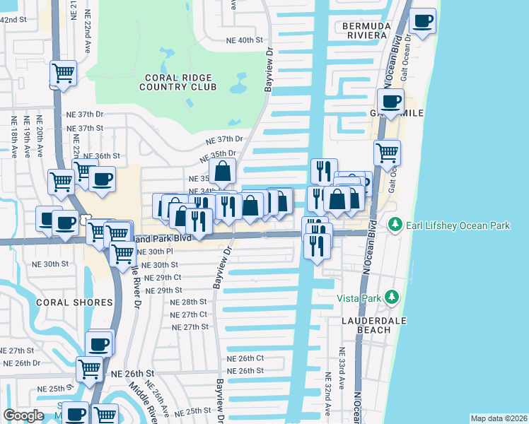 map of restaurants, bars, coffee shops, grocery stores, and more near 205 Northeast 32nd Street in Fort Lauderdale
