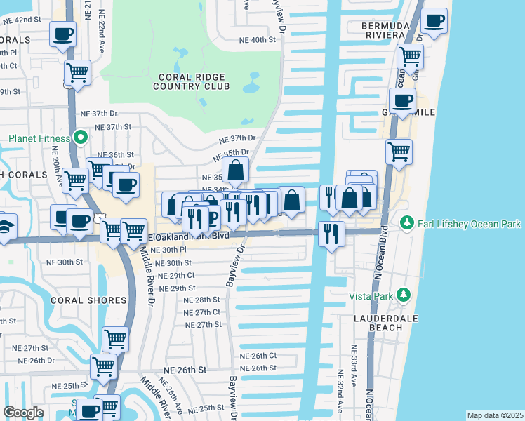 map of restaurants, bars, coffee shops, grocery stores, and more near 205 Northeast 32nd Street in Fort Lauderdale