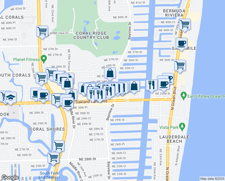 map of restaurants, bars, coffee shops, grocery stores, and more near 2764 Northeast 33rd Street in Fort Lauderdale
