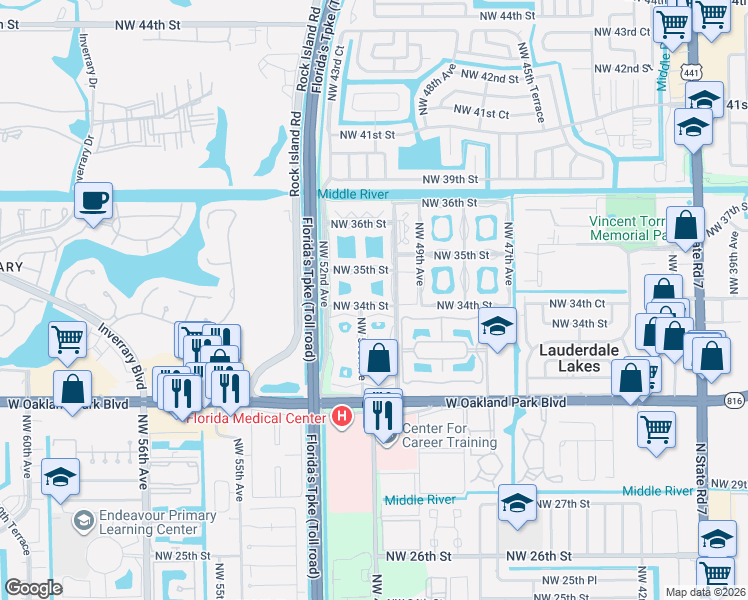 map of restaurants, bars, coffee shops, grocery stores, and more near 5001 Northwest 34th Street in Lauderdale Lakes