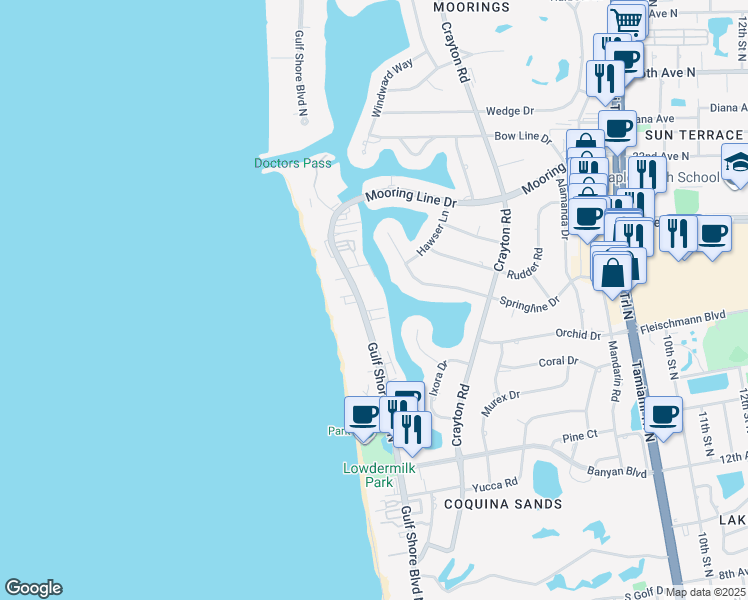 map of restaurants, bars, coffee shops, grocery stores, and more near 1930 Gulf Shore Boulevard North in Naples