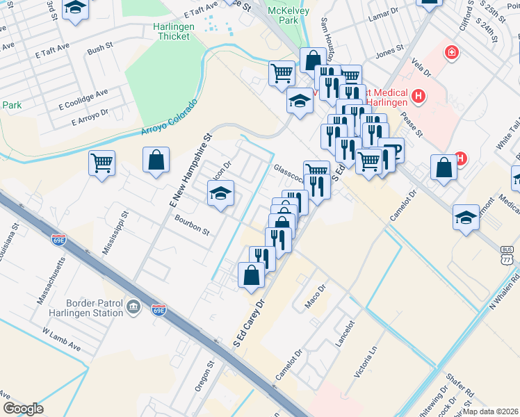 map of restaurants, bars, coffee shops, grocery stores, and more near 950 Live Oak Circle in Harlingen