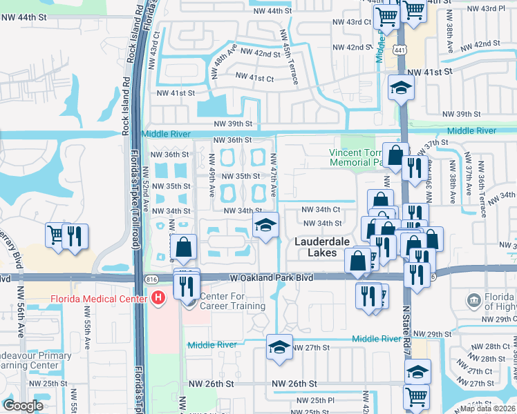 map of restaurants, bars, coffee shops, grocery stores, and more near 4701 Northwest 34th Street in Lauderdale Lakes