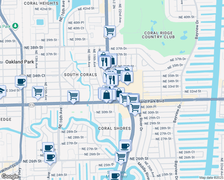 map of restaurants, bars, coffee shops, grocery stores, and more near 3355 North Federal Highway in Fort Lauderdale