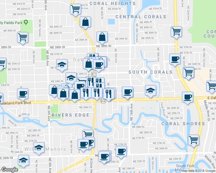 map of restaurants, bars, coffee shops, grocery stores, and more near 1299 Northeast 33rd Street in Oakland Park