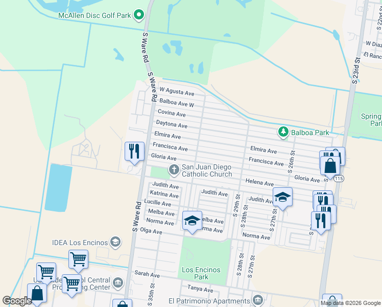 map of restaurants, bars, coffee shops, grocery stores, and more near 3218 Francisca Avenue in McAllen
