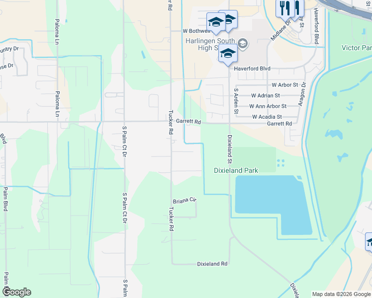 map of restaurants, bars, coffee shops, grocery stores, and more near 2522 Shofner Ln in Harlingen