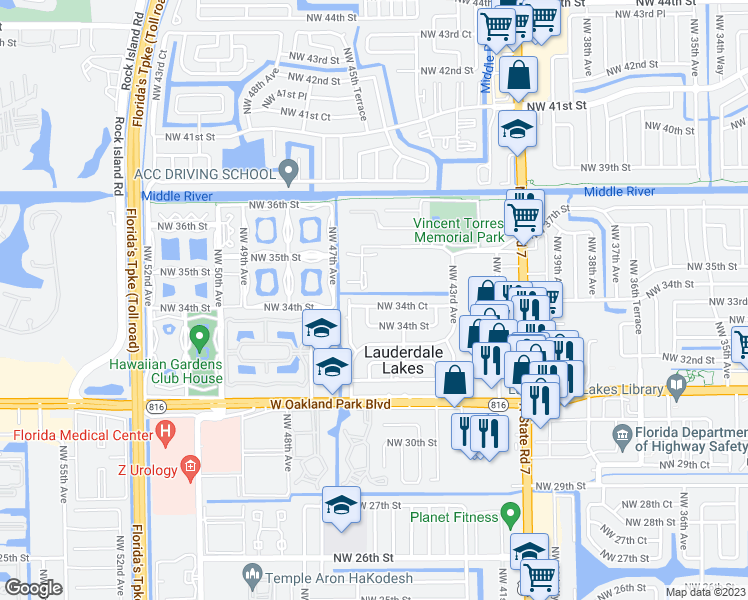 map of restaurants, bars, coffee shops, grocery stores, and more near 4541 Northwest 34th Court in Lauderdale Lakes
