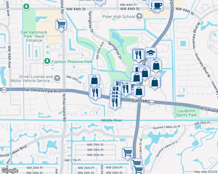 map of restaurants, bars, coffee shops, grocery stores, and more near 3600 Northwest 83rd Lane in Sunrise