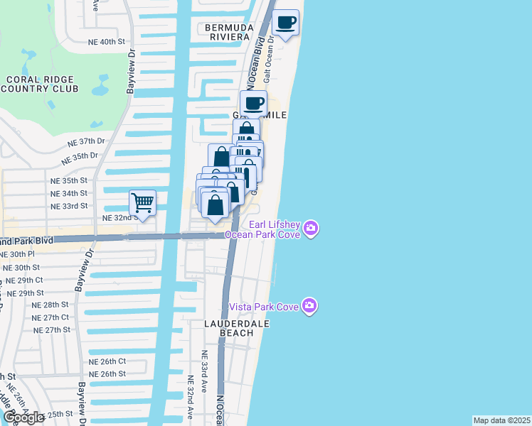 map of restaurants, bars, coffee shops, grocery stores, and more near 3200 North Ocean Boulevard in Fort Lauderdale