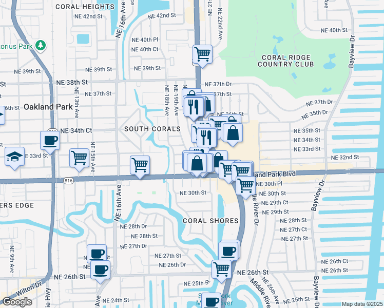 map of restaurants, bars, coffee shops, grocery stores, and more near 3355 North Federal Highway in Fort Lauderdale