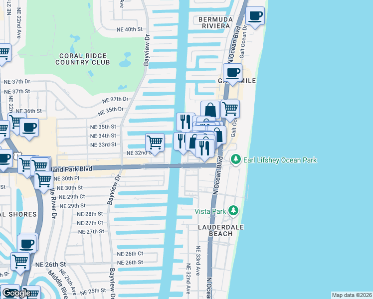 map of restaurants, bars, coffee shops, grocery stores, and more near 3233 Northeast 32nd Avenue in Fort Lauderdale