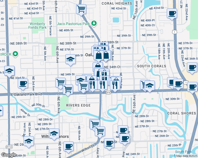 map of restaurants, bars, coffee shops, grocery stores, and more near 3301 North Dixie Highway in Oakland Park