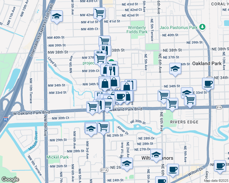 map of restaurants, bars, coffee shops, grocery stores, and more near 180 Northeast 33rd Street in Oakland Park