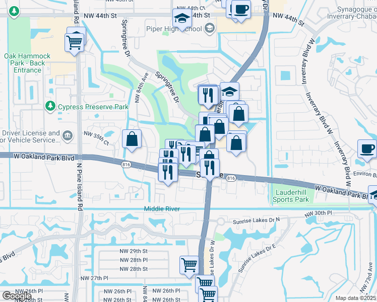map of restaurants, bars, coffee shops, grocery stores, and more near 8083-8093 West Oakland Park Boulevard in Sunrise