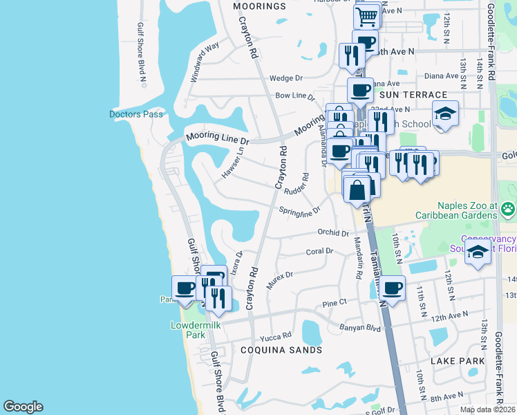 map of restaurants, bars, coffee shops, grocery stores, and more near 1907 Crayton Road in Naples