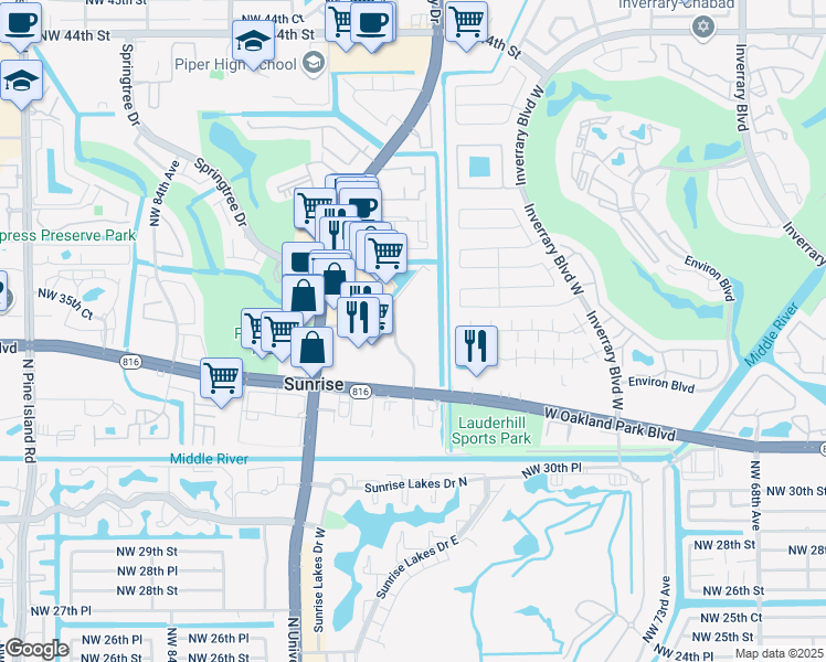 map of restaurants, bars, coffee shops, grocery stores, and more near 7771 West Oakland Park Boulevard in Sunrise