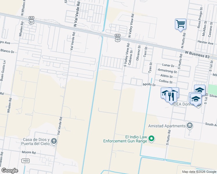 map of restaurants, bars, coffee shops, grocery stores, and more near 309 S Valley View Rd in Donna