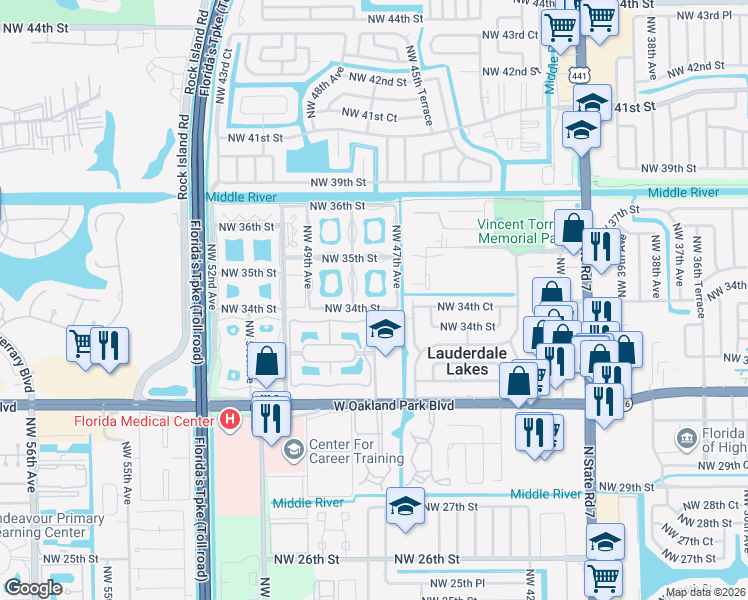 map of restaurants, bars, coffee shops, grocery stores, and more near 4701 Northwest 34th Street in Lauderdale Lakes