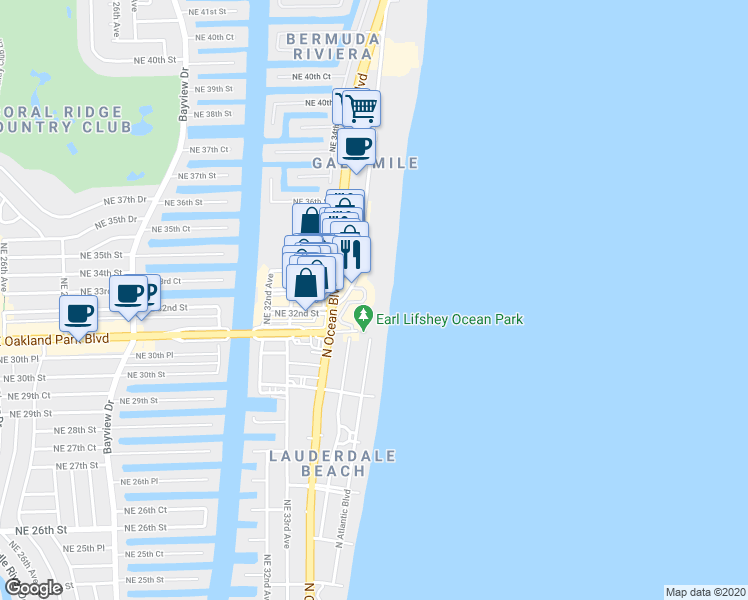 map of restaurants, bars, coffee shops, grocery stores, and more near 3200 North Ocean Boulevard in Fort Lauderdale