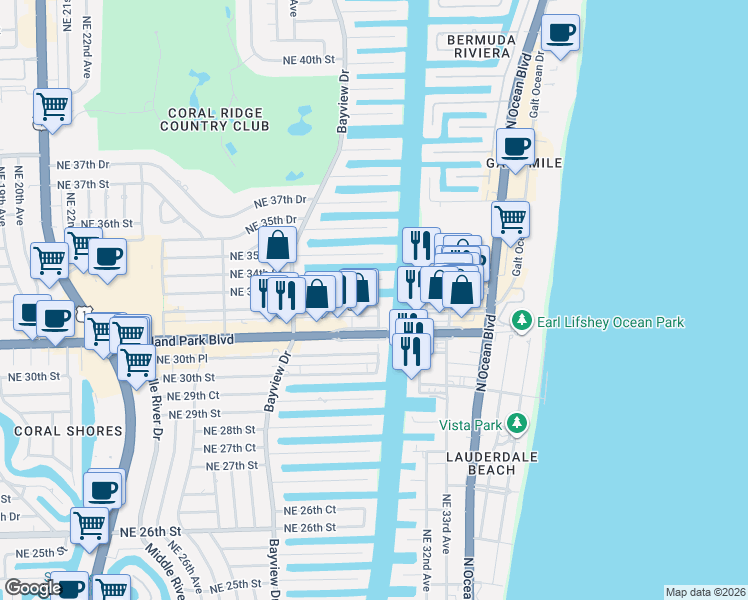 map of restaurants, bars, coffee shops, grocery stores, and more near 2857 Northeast 32nd Street in Fort Lauderdale