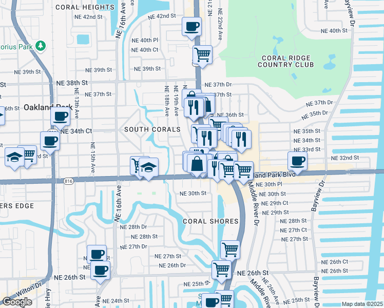 map of restaurants, bars, coffee shops, grocery stores, and more near 3355 North Federal Highway in Fort Lauderdale