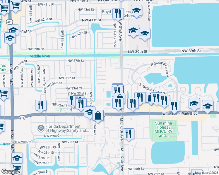 map of restaurants, bars, coffee shops, grocery stores, and more near 3153 Northwest 33rd Street in Lauderdale Lakes