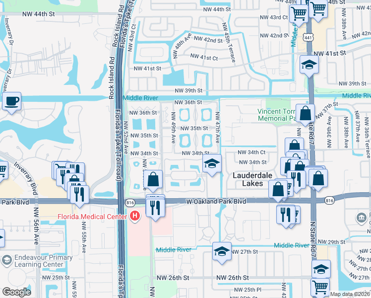 map of restaurants, bars, coffee shops, grocery stores, and more near 4801 Northwest 34th Street in Lauderdale Lakes