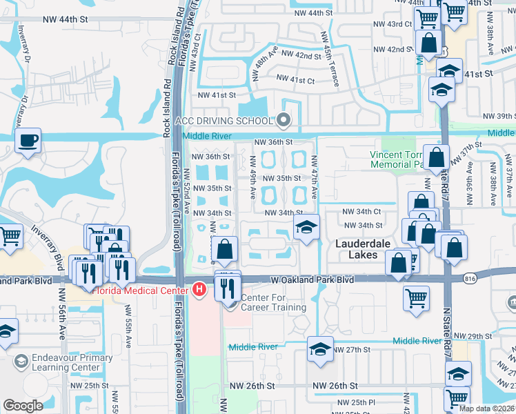map of restaurants, bars, coffee shops, grocery stores, and more near 3400 Northwest 50th Avenue in Lauderdale Lakes