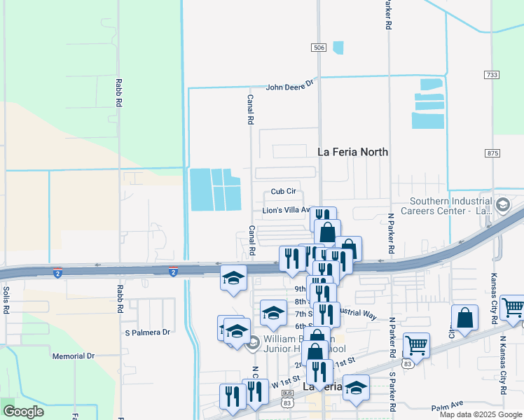 map of restaurants, bars, coffee shops, grocery stores, and more near 26872-26986 Canal Road in La Feria
