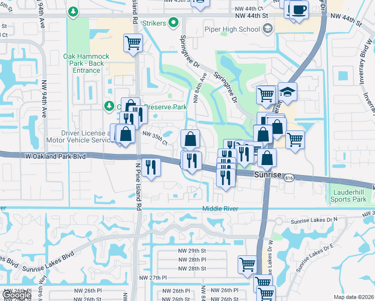 map of restaurants, bars, coffee shops, grocery stores, and more near 8444 Northwest 34th Manor in Sunrise