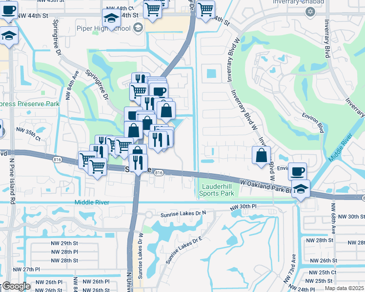 map of restaurants, bars, coffee shops, grocery stores, and more near 7771 West Oakland Park Boulevard in Sunrise