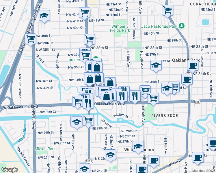 map of restaurants, bars, coffee shops, grocery stores, and more near 244 Northeast 33rd Street in Oakland Park
