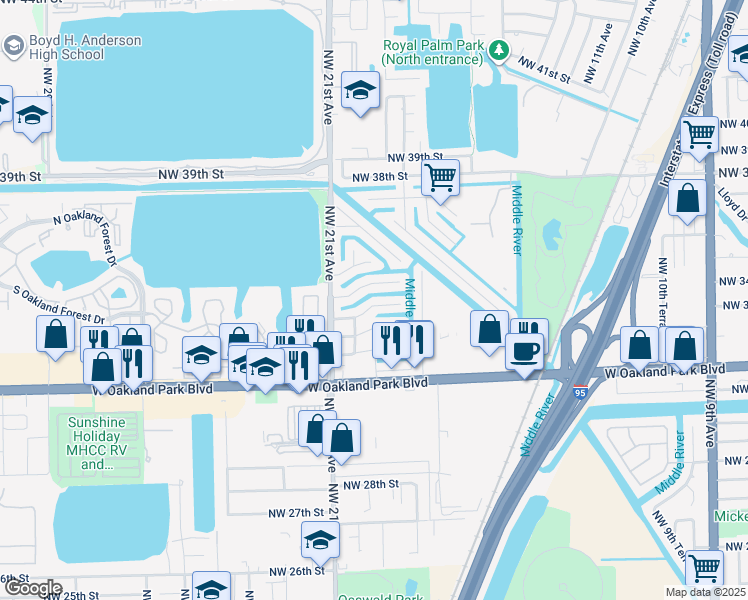 map of restaurants, bars, coffee shops, grocery stores, and more near 1951 Northwest 33rd Street in Oakland Park
