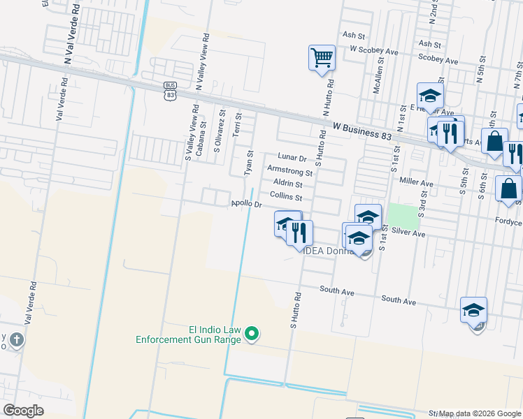 map of restaurants, bars, coffee shops, grocery stores, and more near 129 Apollo Dr in Donna