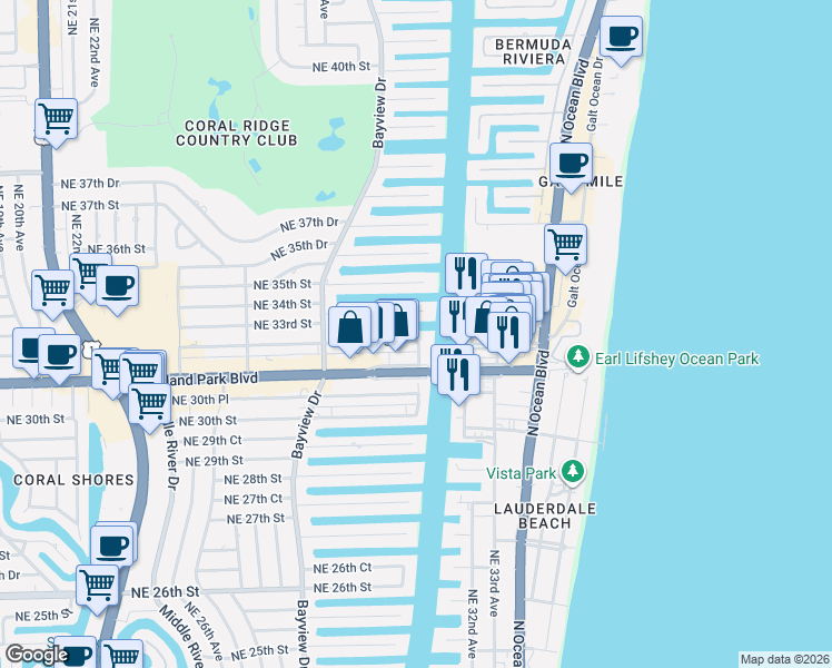 map of restaurants, bars, coffee shops, grocery stores, and more near 2895 Northeast 32nd Street in Fort Lauderdale