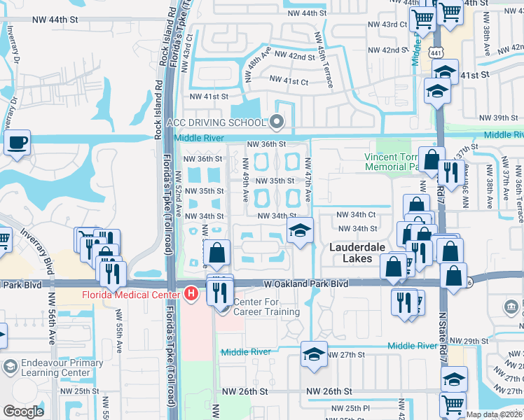 map of restaurants, bars, coffee shops, grocery stores, and more near 4801 Northwest 34th Street in Lauderdale Lakes