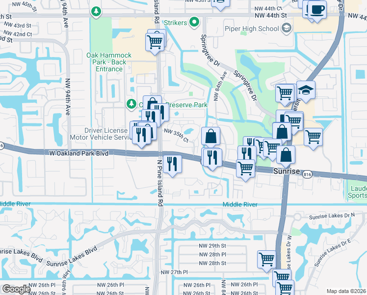 map of restaurants, bars, coffee shops, grocery stores, and more near 8601 Northwest 34th Place in Sunrise