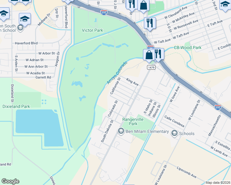 map of restaurants, bars, coffee shops, grocery stores, and more near 700-714 S California St in Harlingen