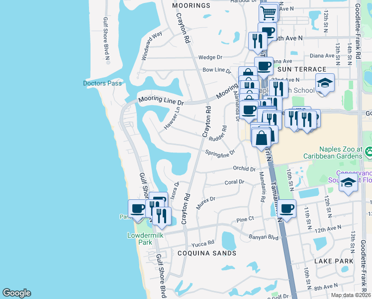 map of restaurants, bars, coffee shops, grocery stores, and more near 350 Springline Drive in Naples