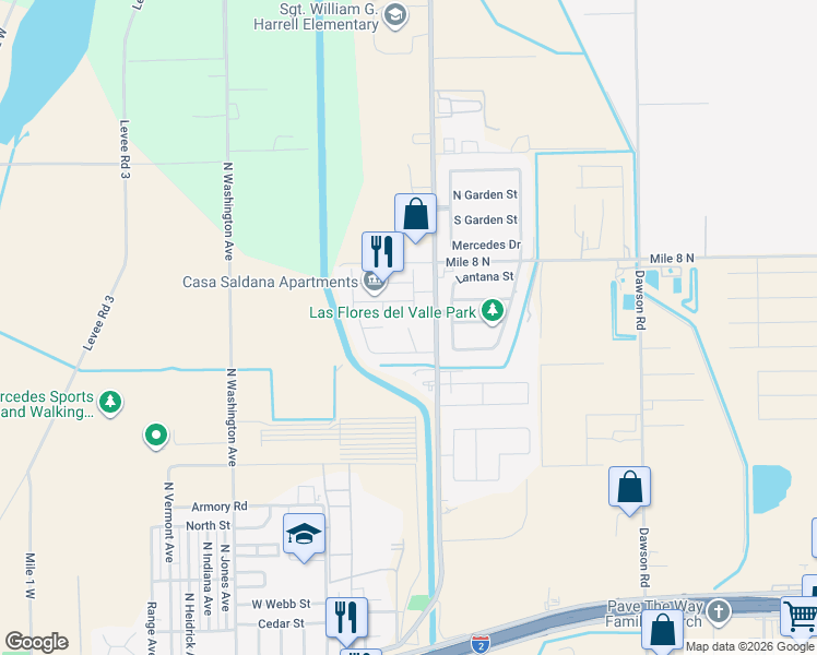 map of restaurants, bars, coffee shops, grocery stores, and more near 299 Pepe Lane in Mercedes