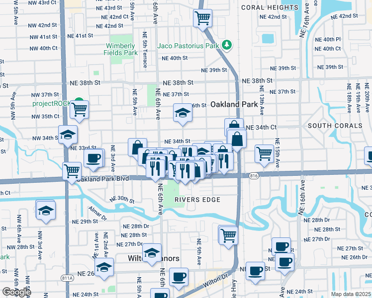 map of restaurants, bars, coffee shops, grocery stores, and more near 801 Northeast 33rd Street in Oakland Park