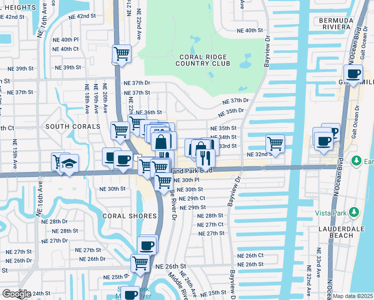 map of restaurants, bars, coffee shops, grocery stores, and more near 2616 Northeast 33rd Street in Fort Lauderdale