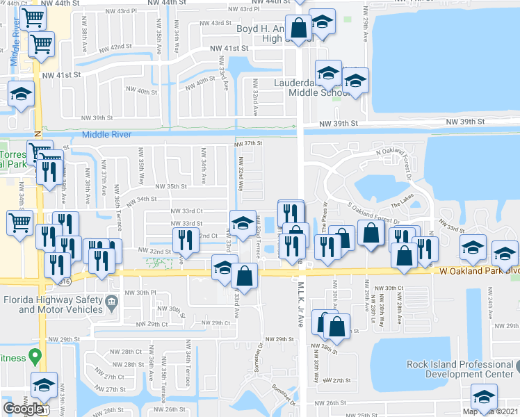 map of restaurants, bars, coffee shops, grocery stores, and more near 3209 Northwest 33rd Street in Lauderdale Lakes