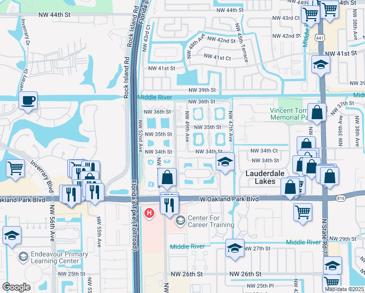 map of restaurants, bars, coffee shops, grocery stores, and more near 3400 Northwest 50th Avenue in Lauderdale Lakes