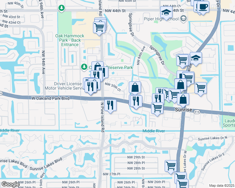 map of restaurants, bars, coffee shops, grocery stores, and more near 8601 Northwest 34th Place in Sunrise